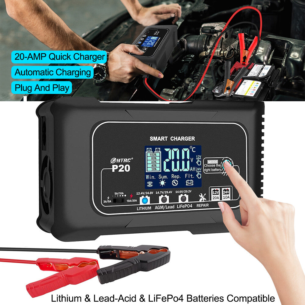20A 12V 24V 20 Amp Car Battery Smart Charger For Lead Acid AGM LiFePo4 Battery
