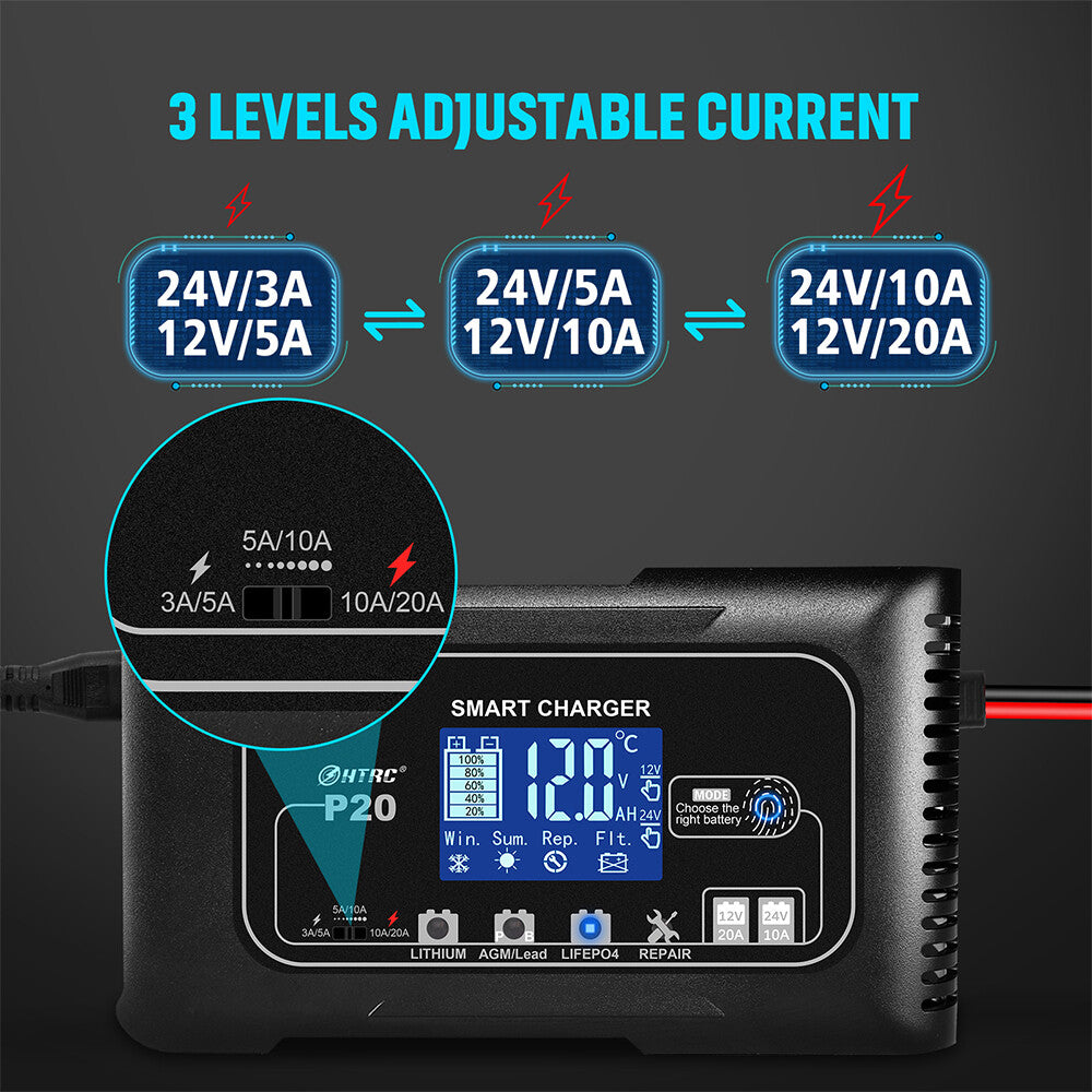 20A 12V 24V 20 Amp Car Battery Smart Charger For Lead Acid AGM LiFePo4 Battery