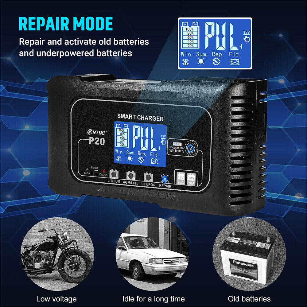 20A 12V 24V 20 Amp Car Battery Smart Charger For Lead Acid AGM LiFePo4 Battery