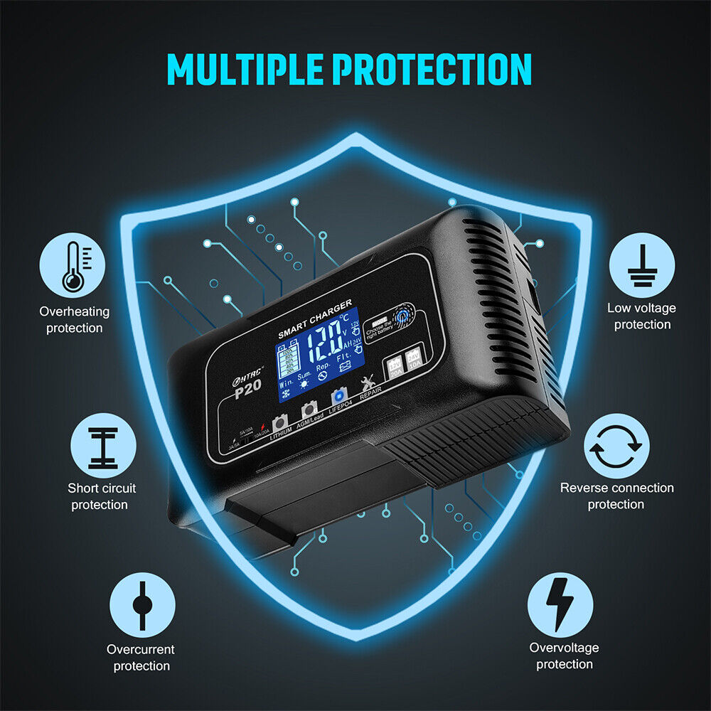 20A 12V 24V 20 Amp Car Battery Smart Charger For Lead Acid AGM LiFePo4 Battery