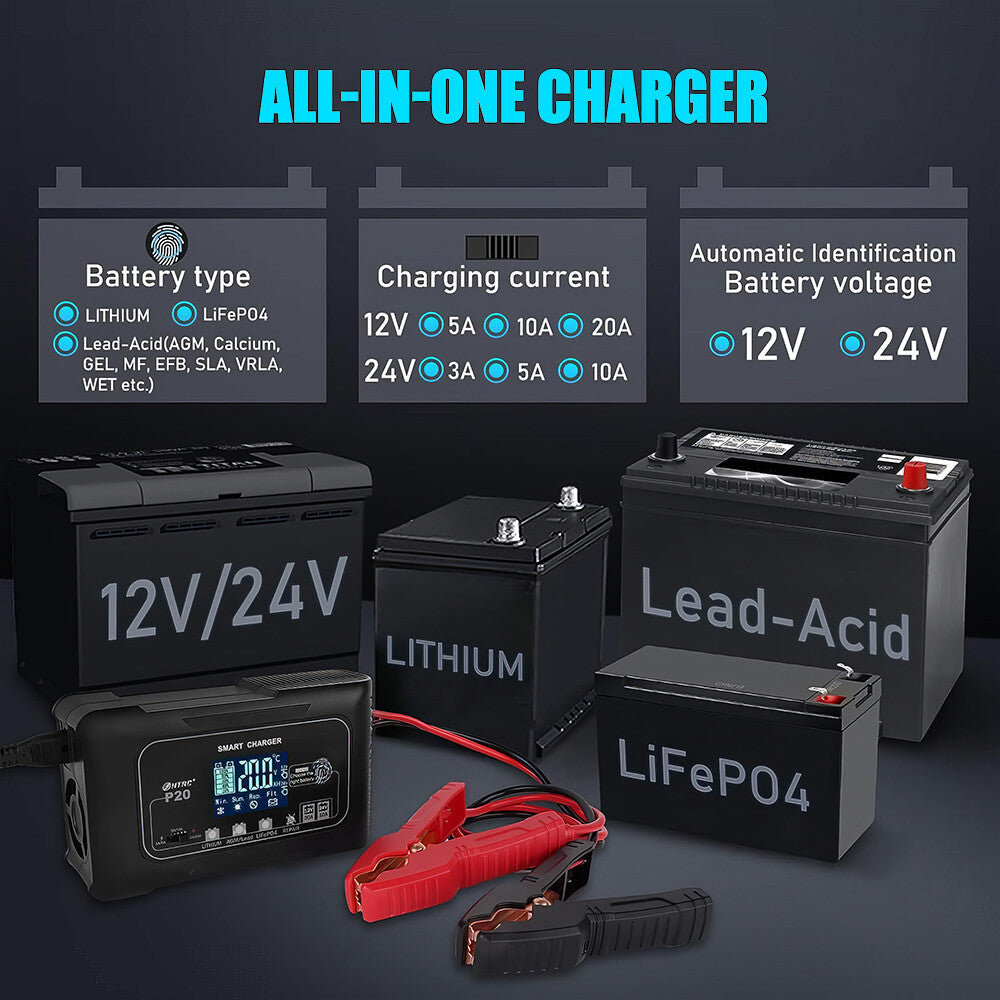 20A 12V 24V 20 Amp Car Battery Smart Charger For Lead Acid AGM LiFePo4 Battery