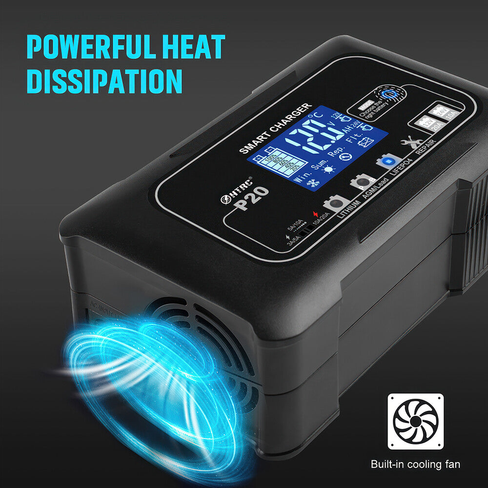 20A 12V 24V 20 Amp Car Battery Smart Charger For Lead Acid AGM LiFePo4 Battery